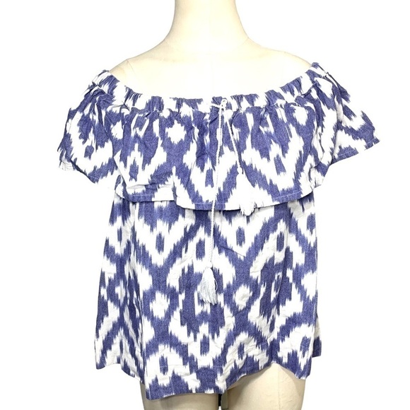 MADEWELL White Blue Southwestern Off Shoulder Top Coastal Pullover Blouse Sz M - Picture 1 of 11